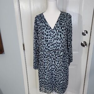 LOFT Blue and Black Patterned Long Sleeve Dress